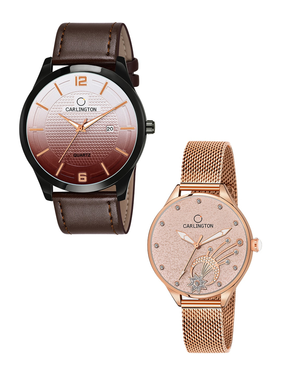 

CARLINGTON Unisex Set Of 2 Brown & Rose-Gold Watch Combo CT1010 Brown - CT2020 RoseGold