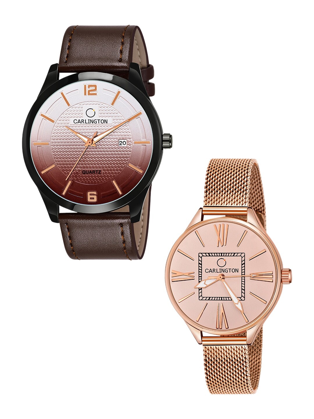 

CARLINGTON Unisex Set of 2 Brown & Rose-Gold Toned Analogue Watches CT1010 CT2015