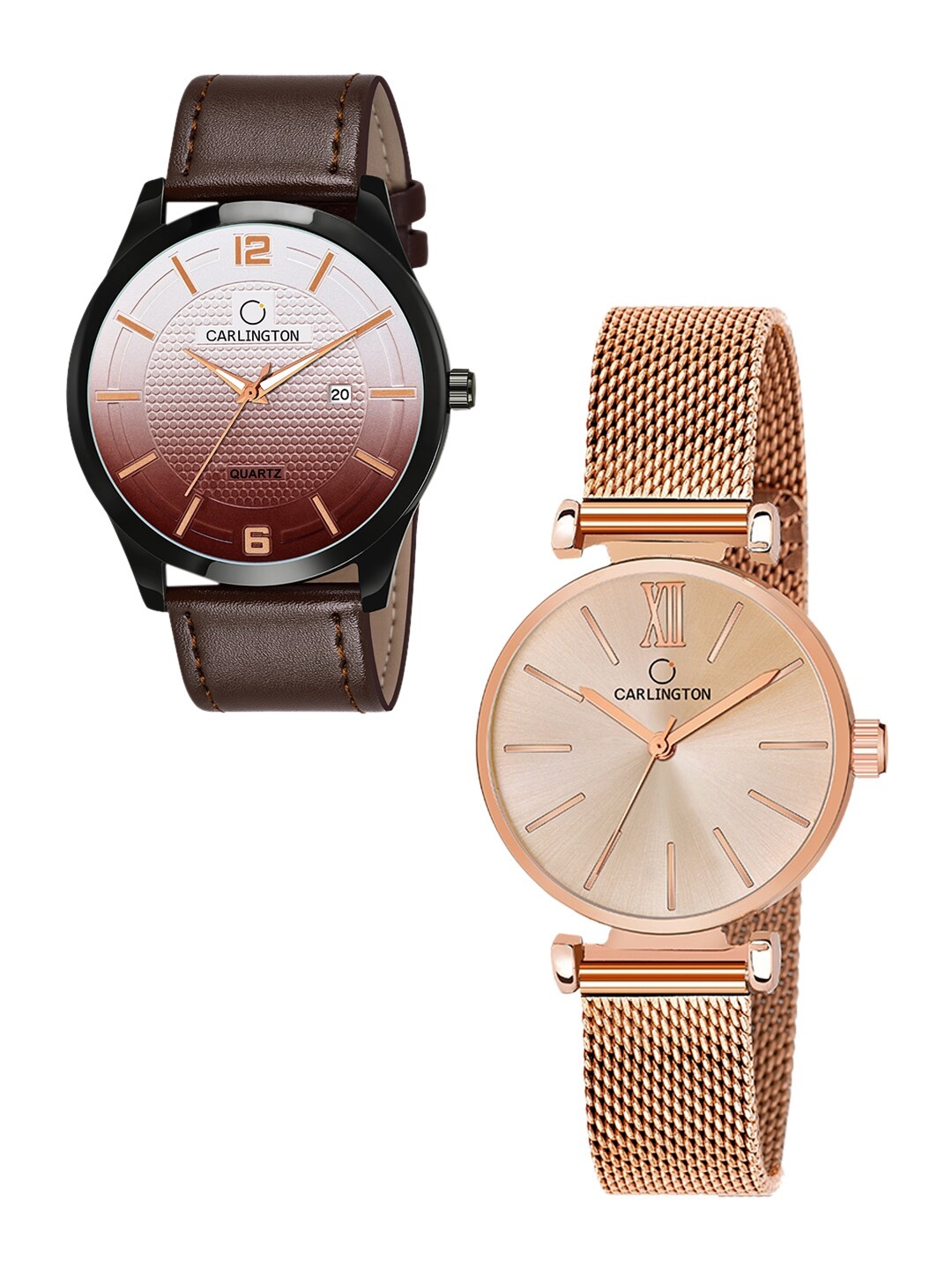 

CARLINGTON Unisex Set of 2 Brown & Rose-Gold Toned Analogue Watches CT1010 CT2016