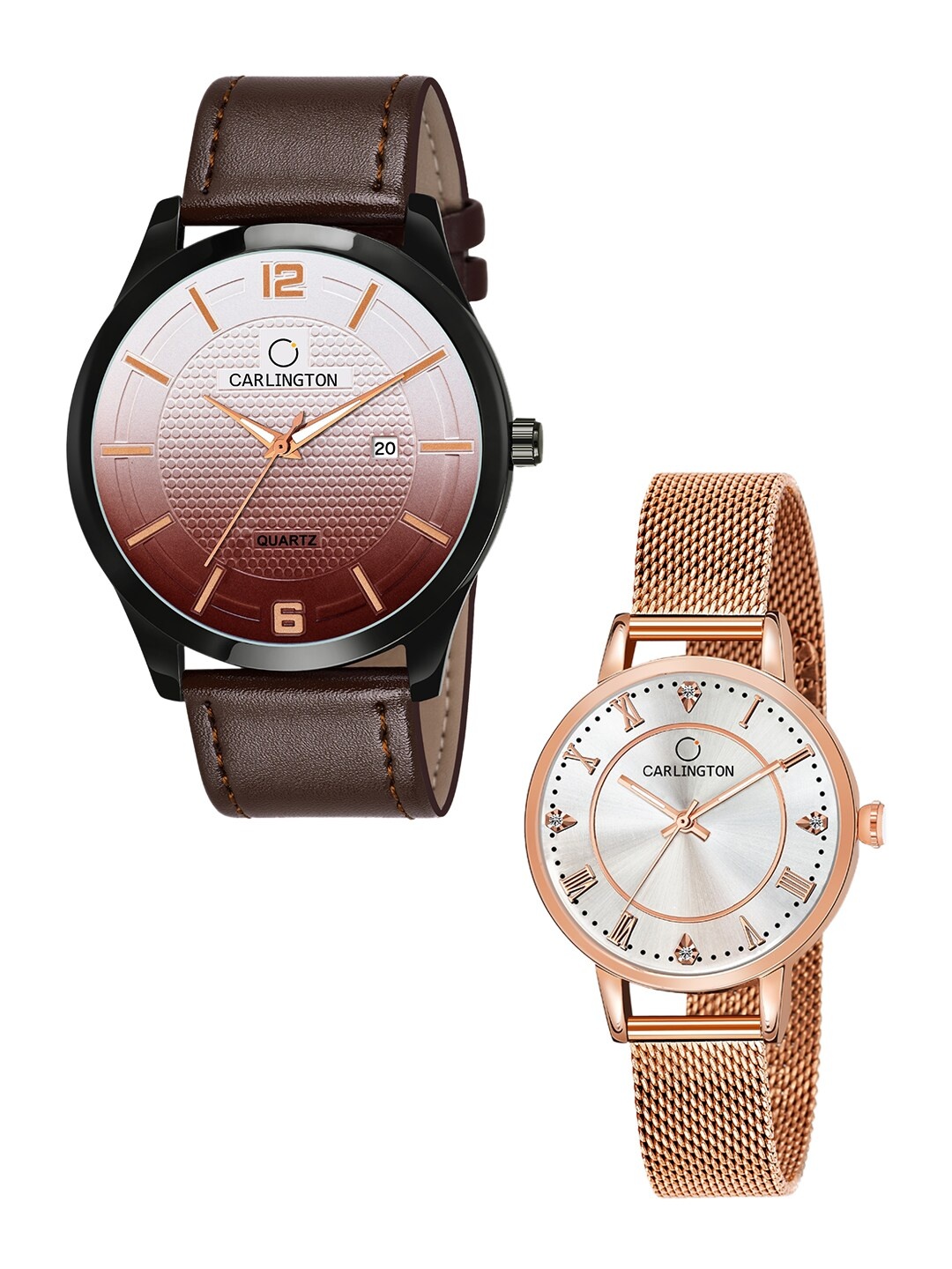 

CARLINGTON Unisex Set of 2 Brown & Rose-Gold Toned Analogue Watches CT1010 CT2013