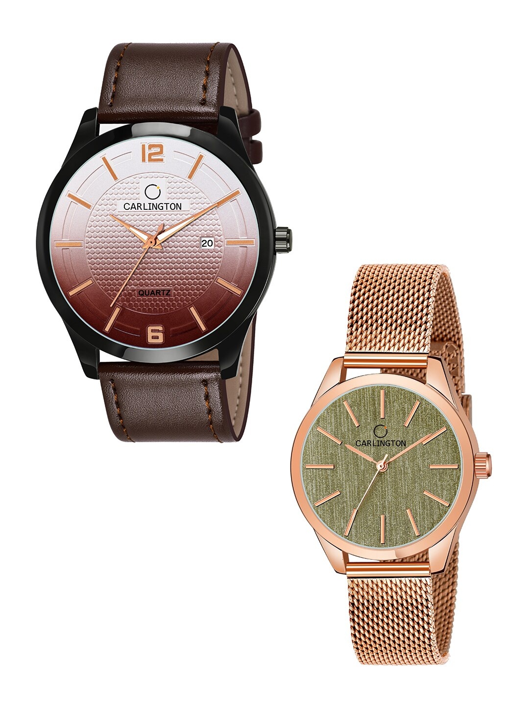 

CARLINGTON Unisex Set of 2 Brown & Rose-Gold Toned Analogue Watches CT1010 CT2001