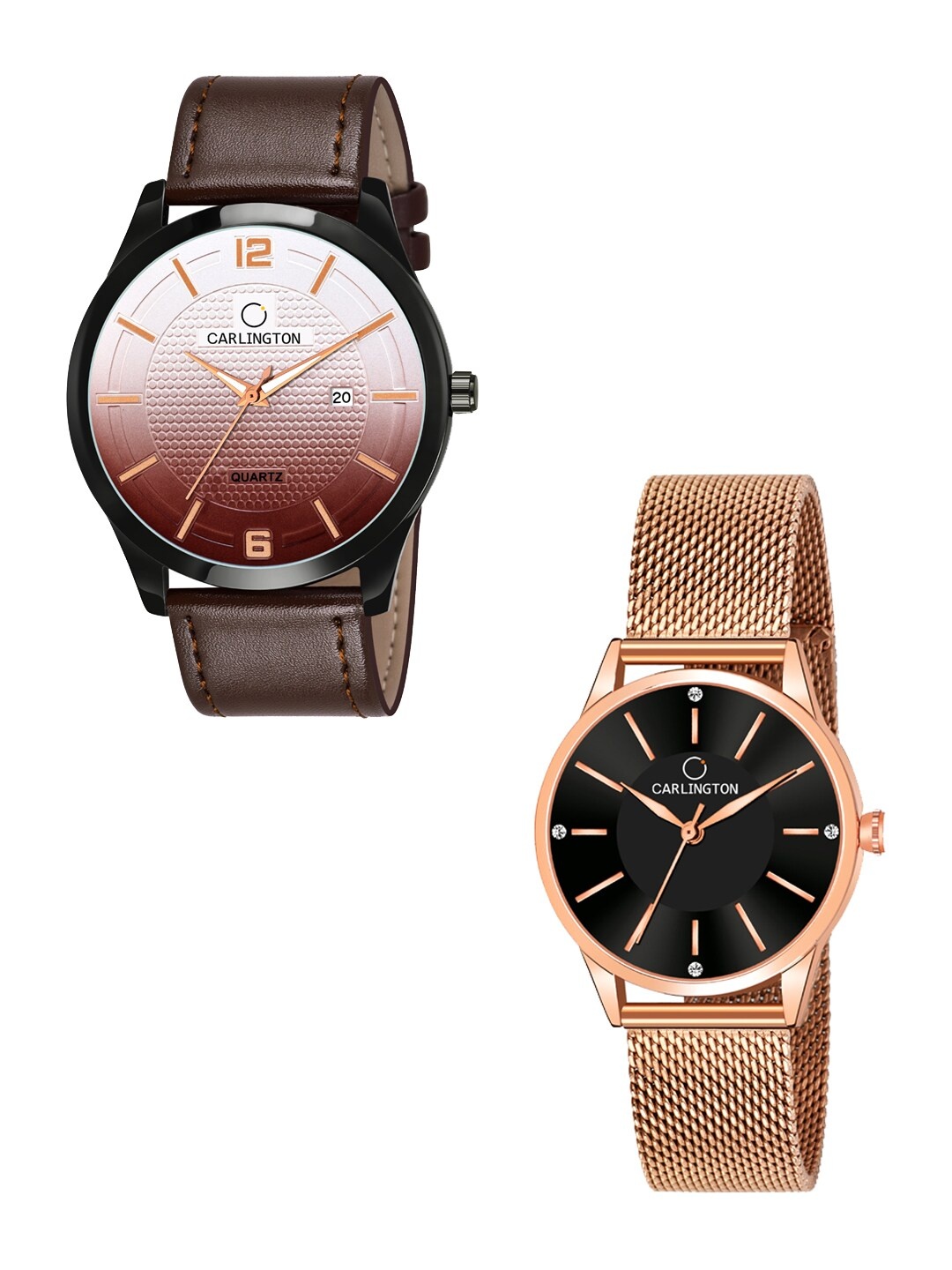 

CARLINGTON Unisex Set of 2 Brown & Rose-Gold Toned Analogue Watches CT1010 CT2004