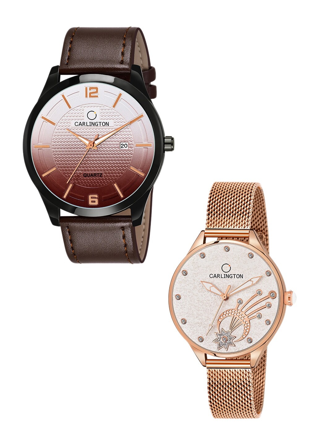 

CARLINGTON Unisex Set Of 2 White Dial & Gold Toned Analogue Watch Gift Set, Brown
