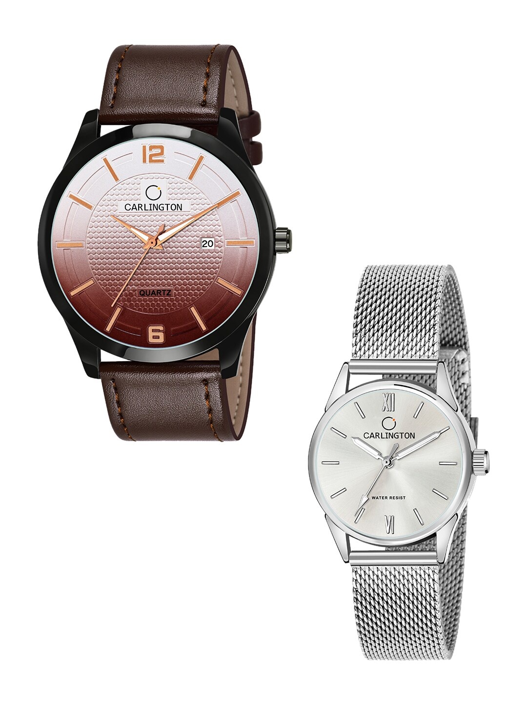 

CARLINGTON Unisex Set of 2 Brown & Silver-Toned Analogue Watches CT1010 CT2008