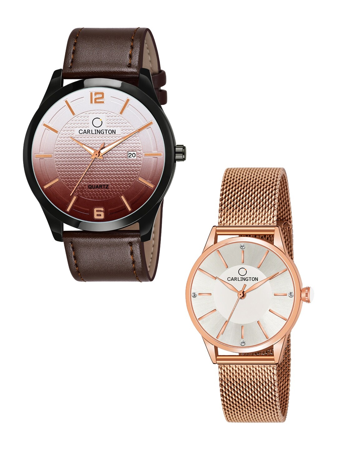 

CARLINGTON Unisex Set of 2 Brown & Rose-Gold Toned Analogue Watches CT1010 CT2004