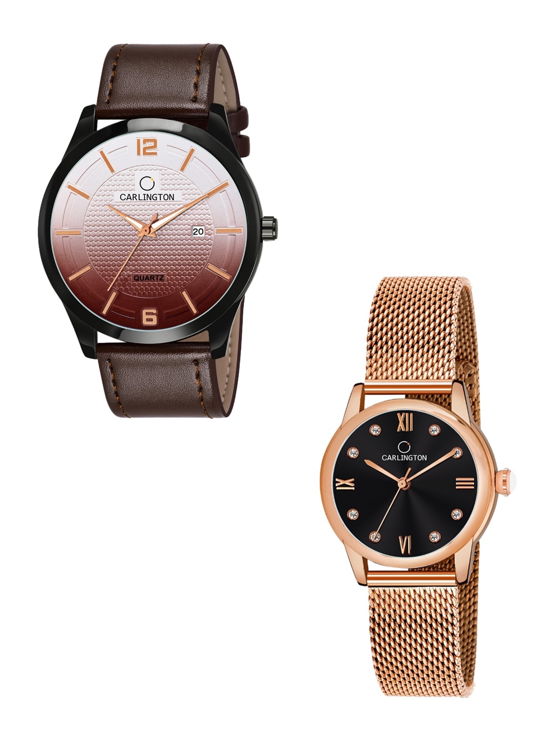 

CARLINGTON Unisex Set of 2 Brown & Rose-Gold Toned Analogue Watches CT1010 CT2005