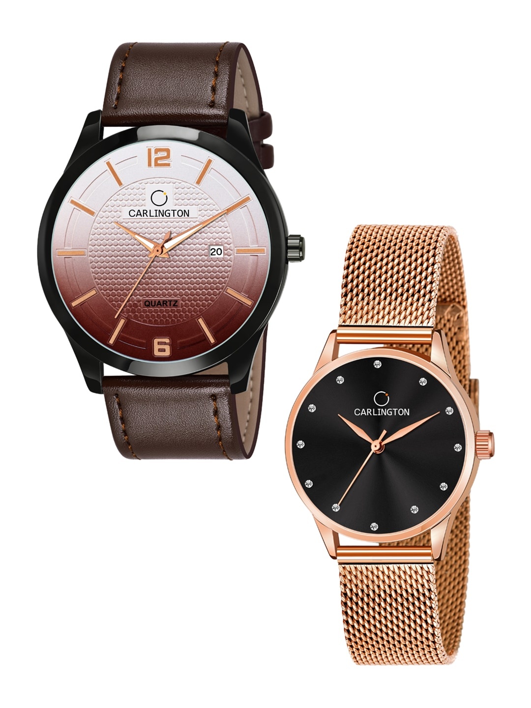 

CARLINGTON Unisex Set of 2 Brown & Rose-Gold Toned Analogue Watches CT1010 CT2009