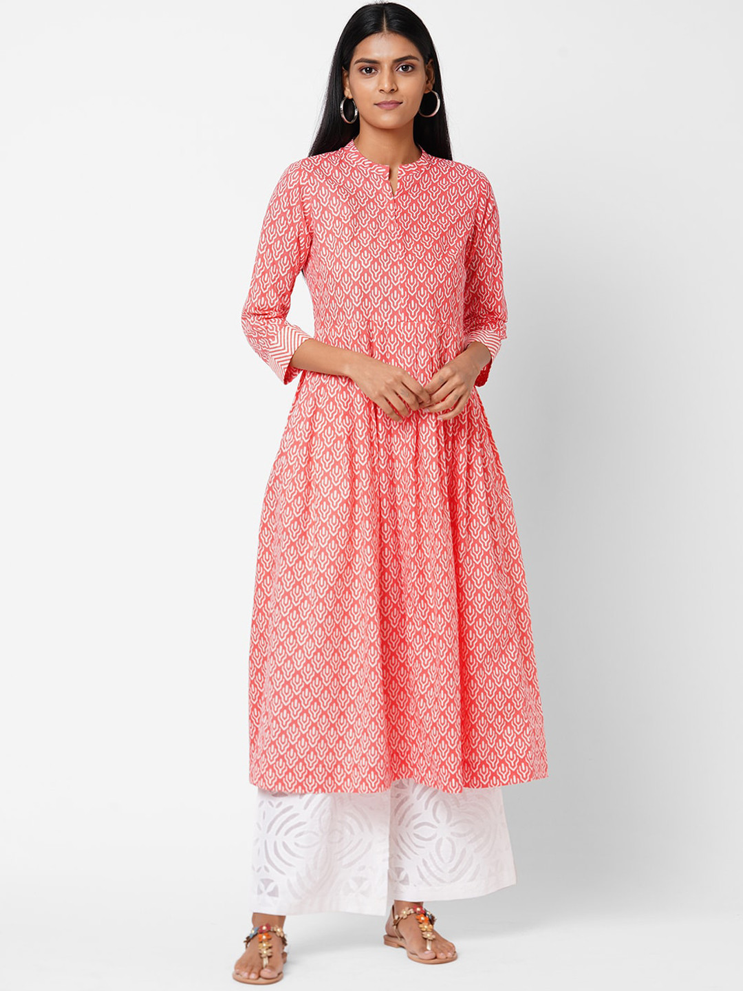 

KAMI KUBI Women Pink Cotton Ethnic Motifs Printed Thread Work Anarkali Kurta