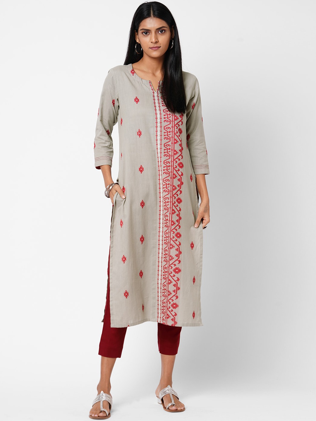 

KAMI KUBI Women Grey Floral Embroidered Thread Work Jamdani Kurta