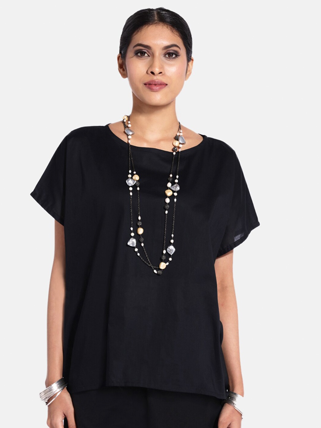 

GRASS by Gitika Goyal Black Tie-Up Neck Regular Top