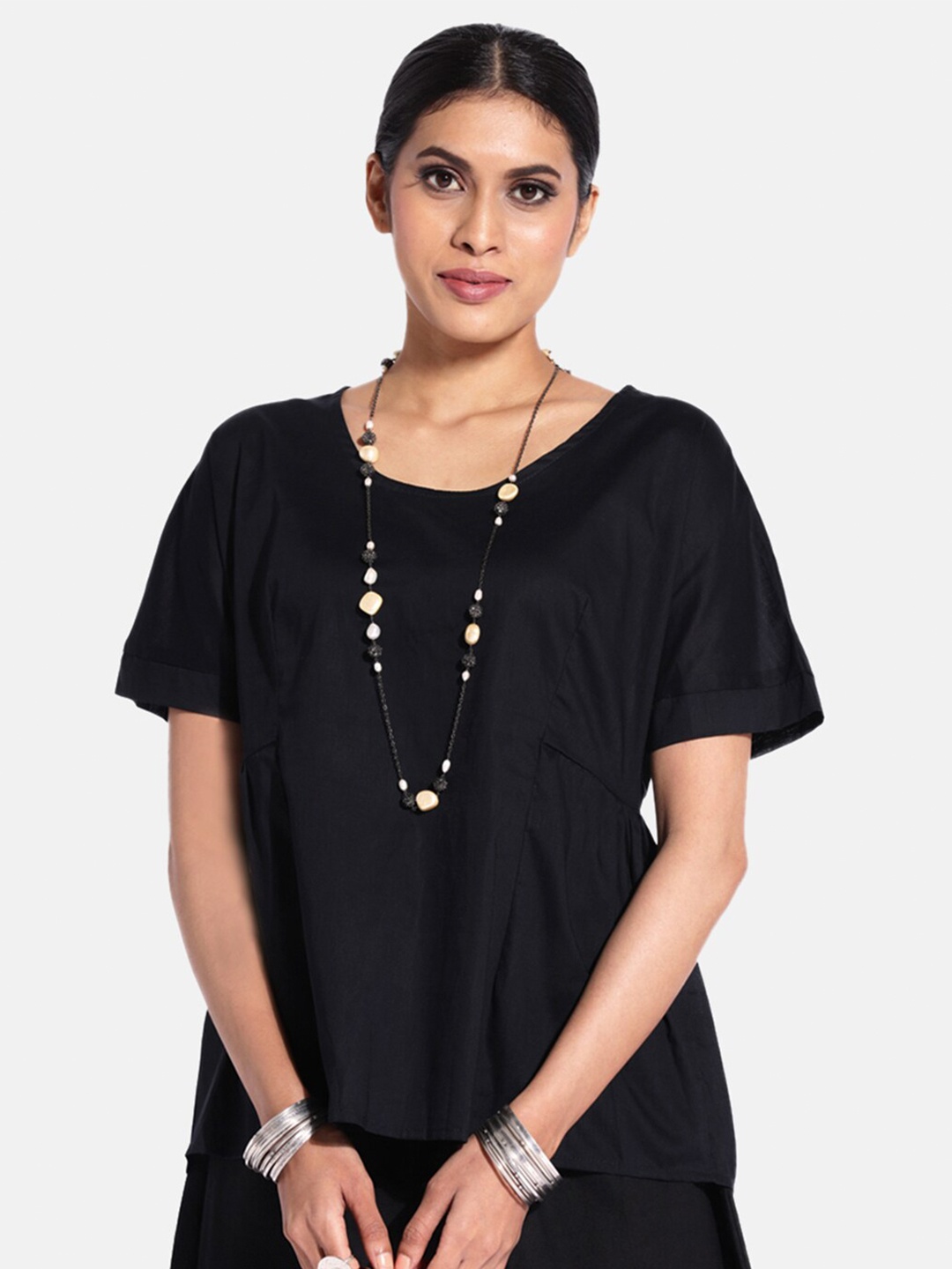 

GRASS by Gitika Goyal Women Black Regular A-Line Longline Top