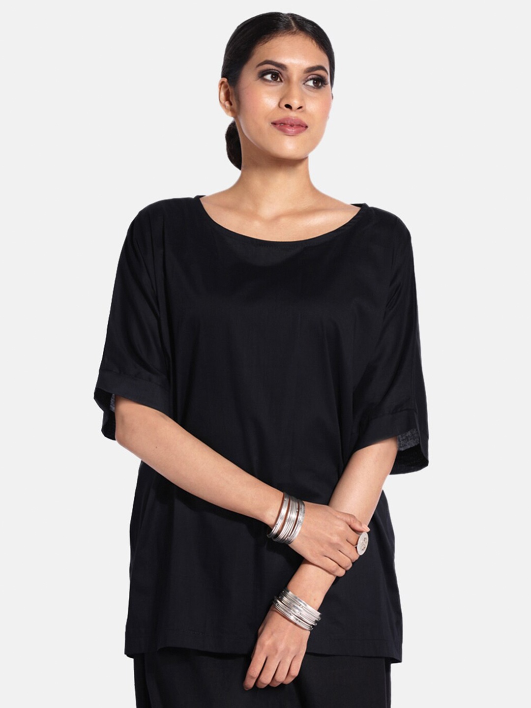 

GRASS by Gitika Goyal Women Black Regular Longline Top