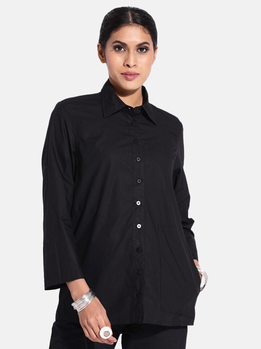 

GRASS by Gitika Goyal Black Pure Cotton Shirt Style Top