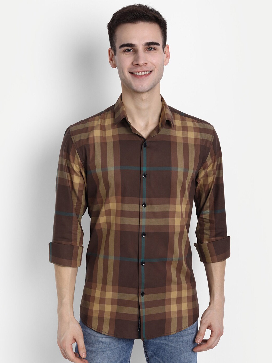 

FINNOY Men Brown Checked Giza Cotton Slim Fit Formal Shirt