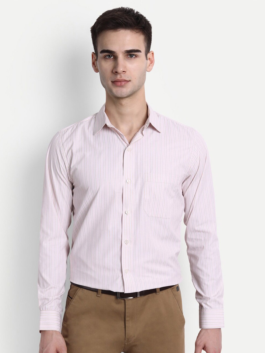 

FINNOY Men White & Beige Opaque Striped Cotton Formal Shirt