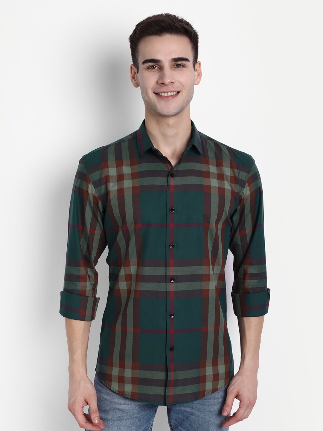 

FINNOY Men Green & Red Slim Fit Opaque Checked Cotton Formal Shirt