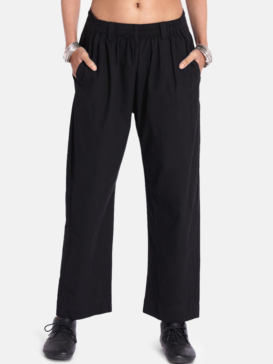 

GRASS by Gitika Goyal Women Black Solid Gathered Trousers