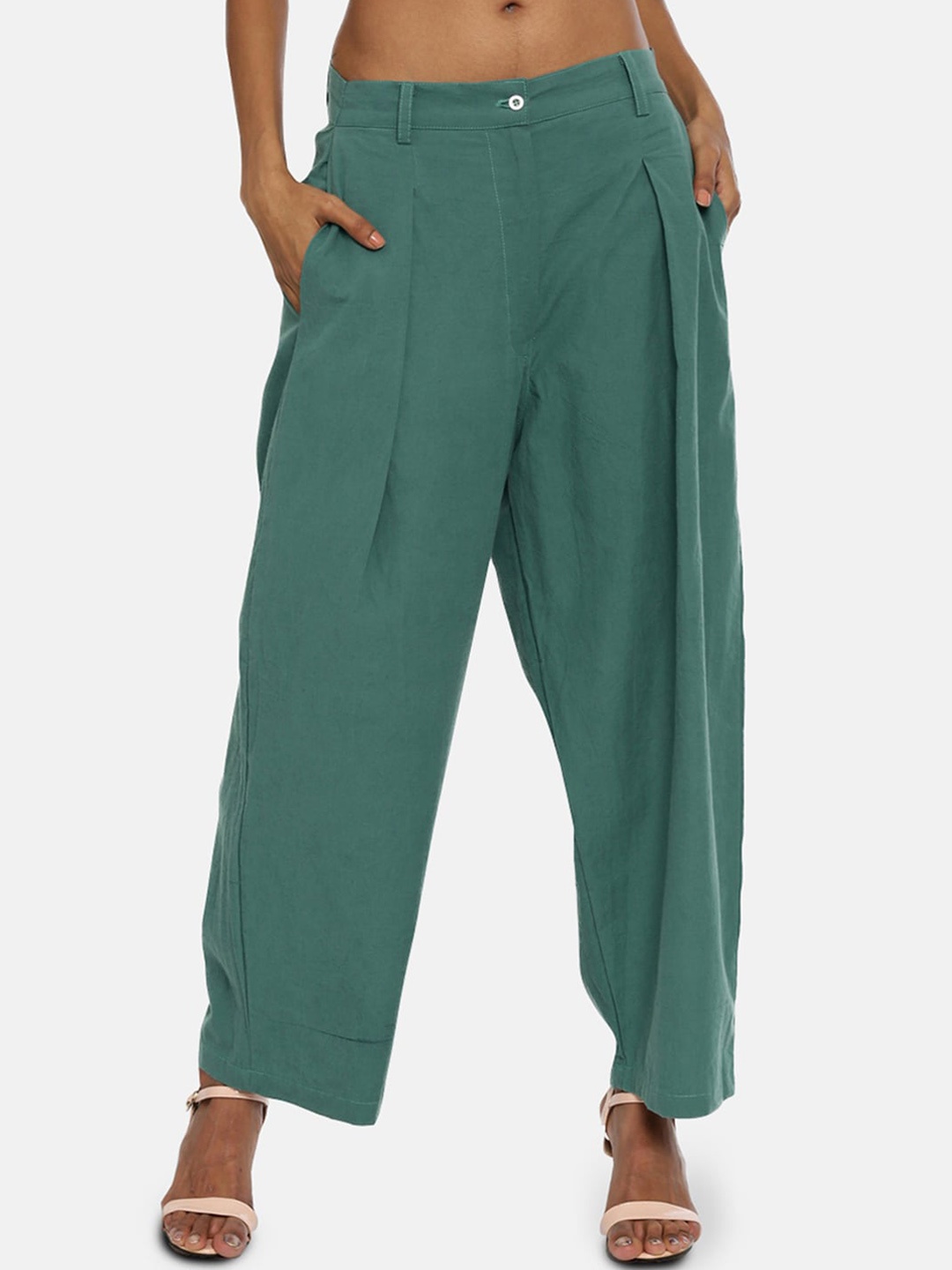 

GRASS by Gitika Goyal Women Green Loose Fit Pleated Trousers