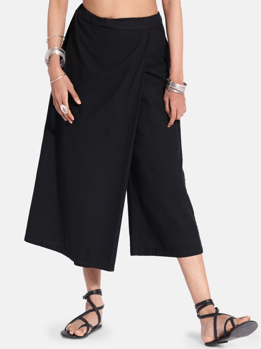 

GRASS by Gitika Goyal Women Black Pure Cotton Wrap Over Trousers