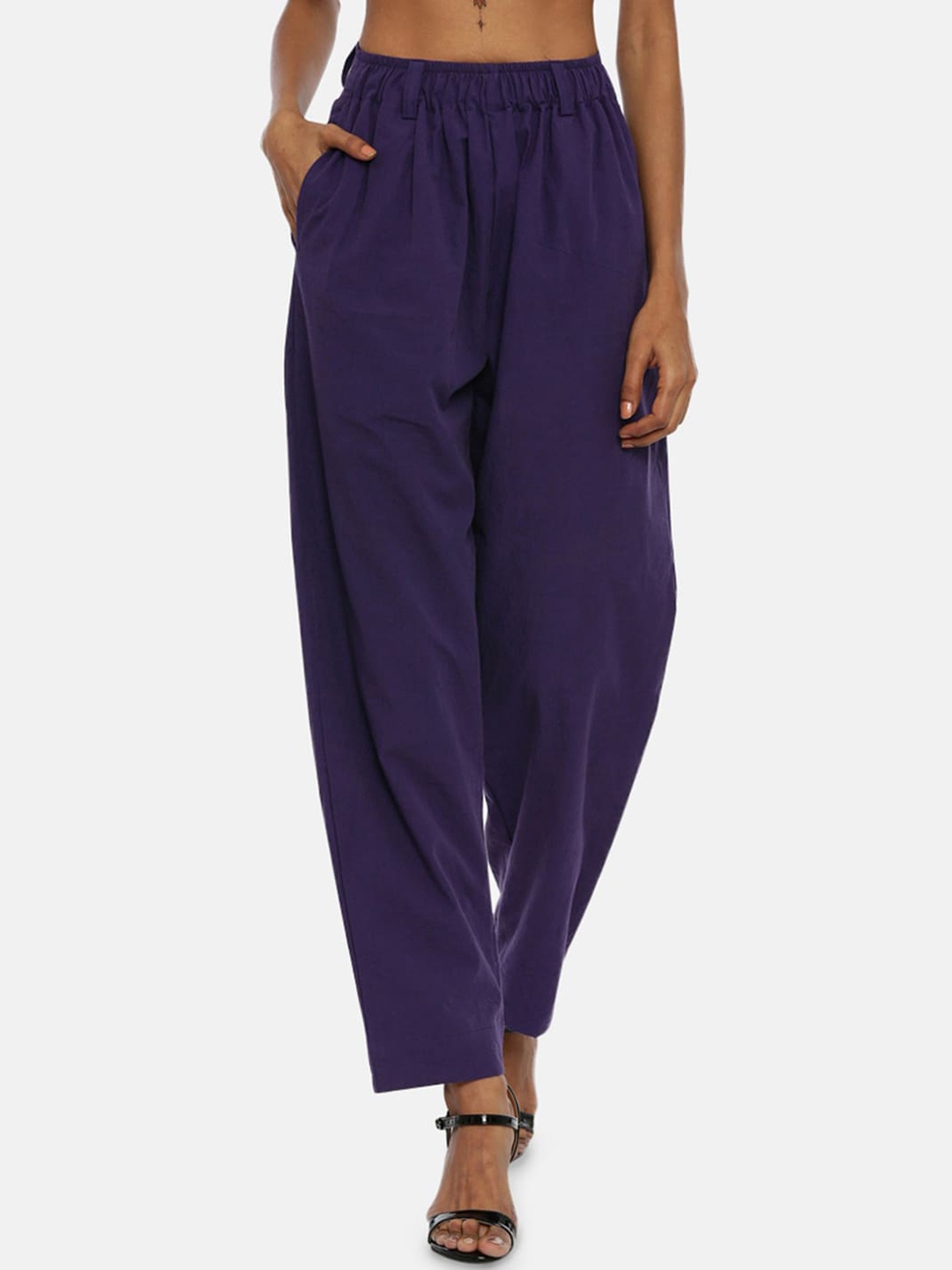 

GRASS by Gitika Goyal Women Purple Cotton Pleated Trousers