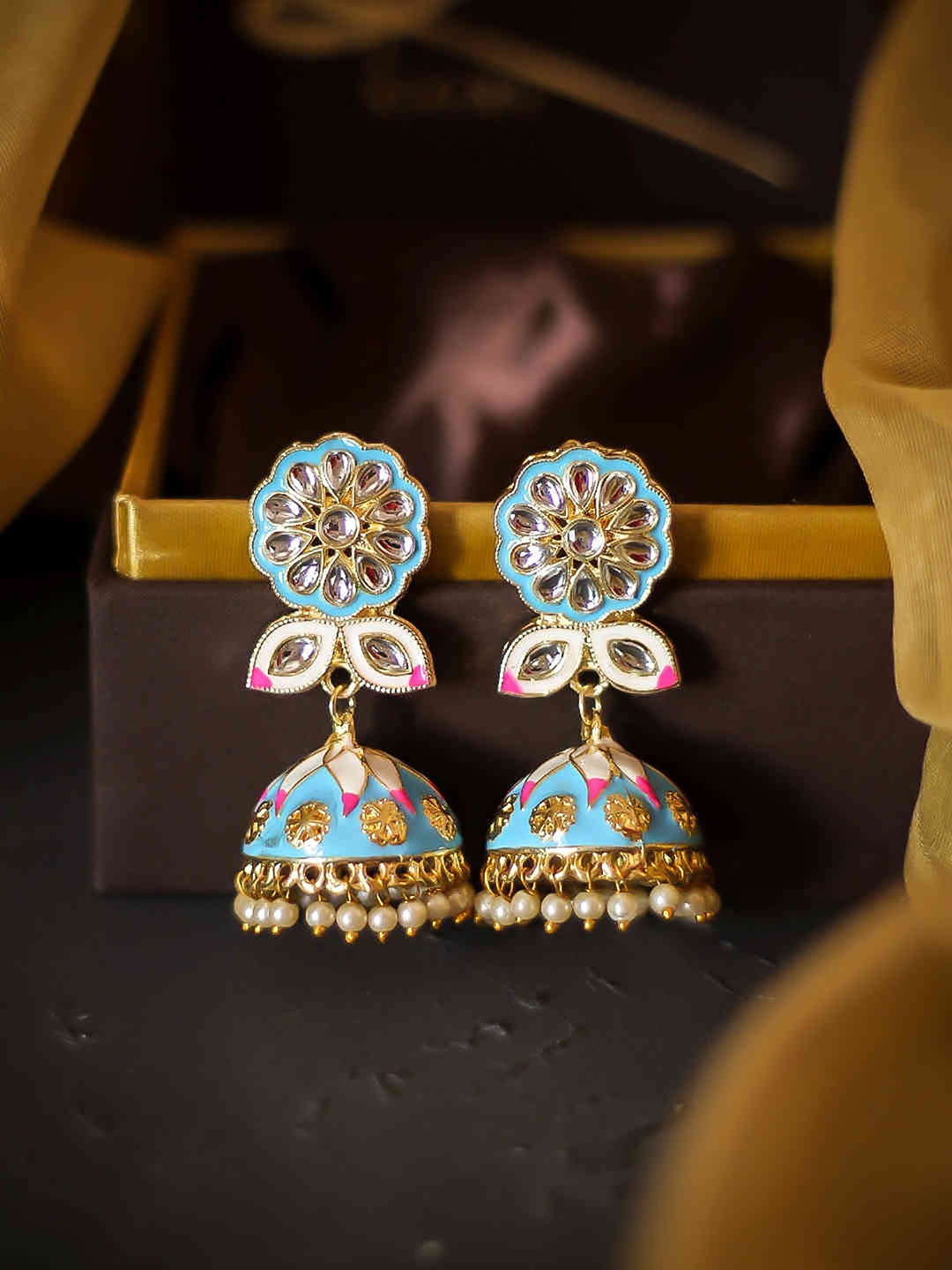 

Kairi Gold-Plated Blue & Pink Dome Shaped Jhumkas