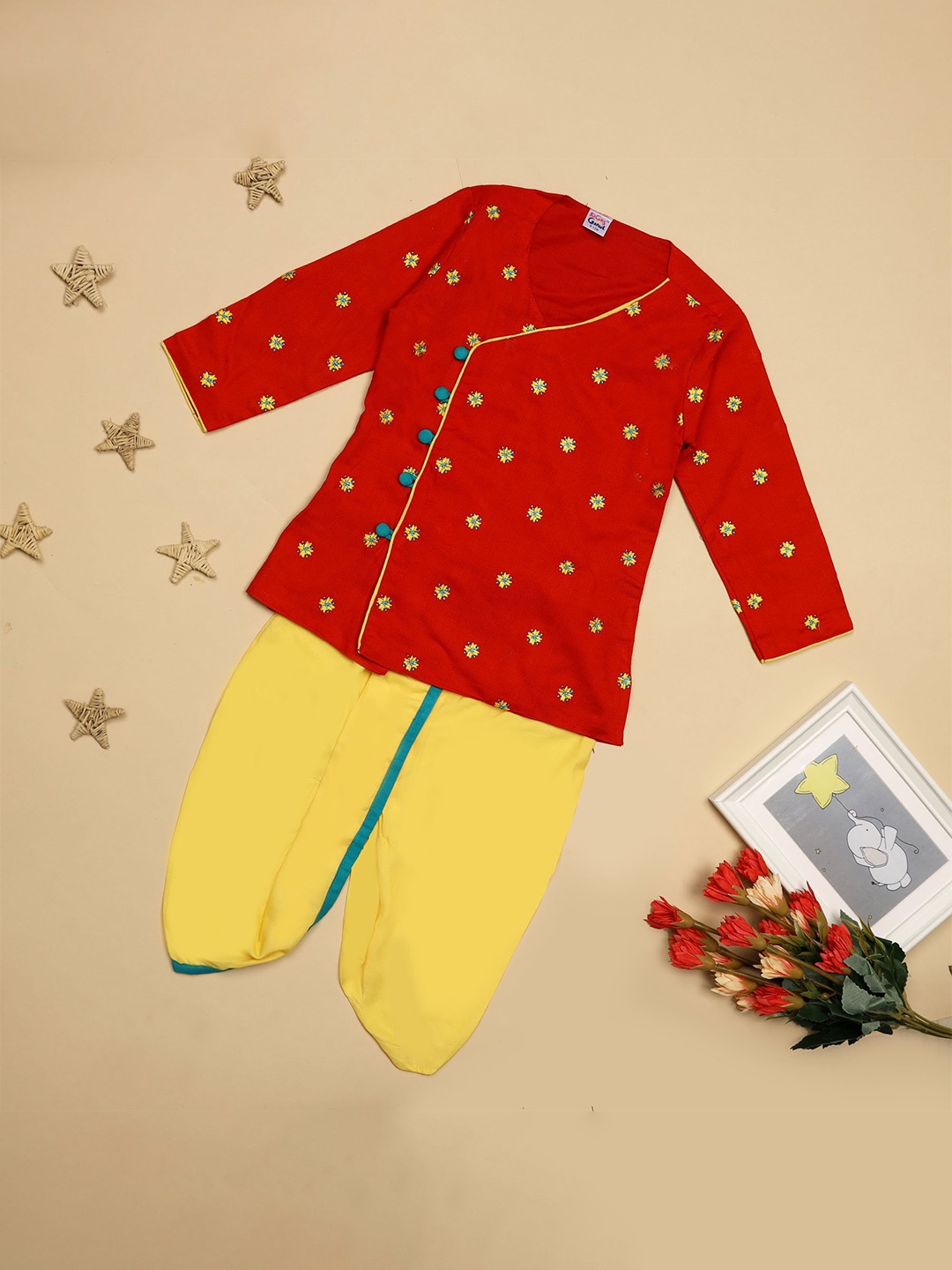 

KICKS & CRAWL Boys Red & Yellow Angrakha Kurta With Dhoti Pants