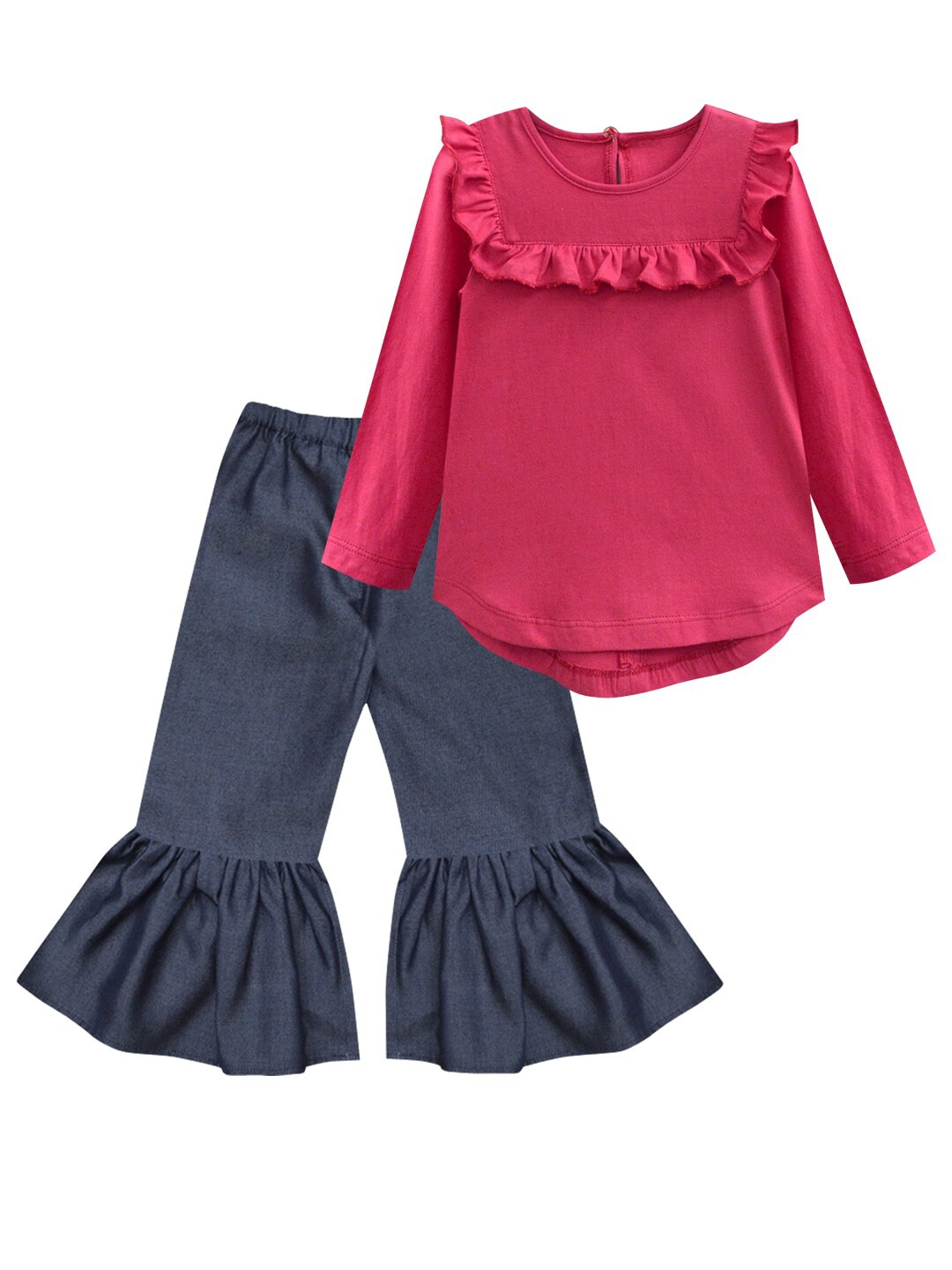 

A T U N Girls Navy Blue & Magenta Pure Cotton Ruffle Top with Trousers
