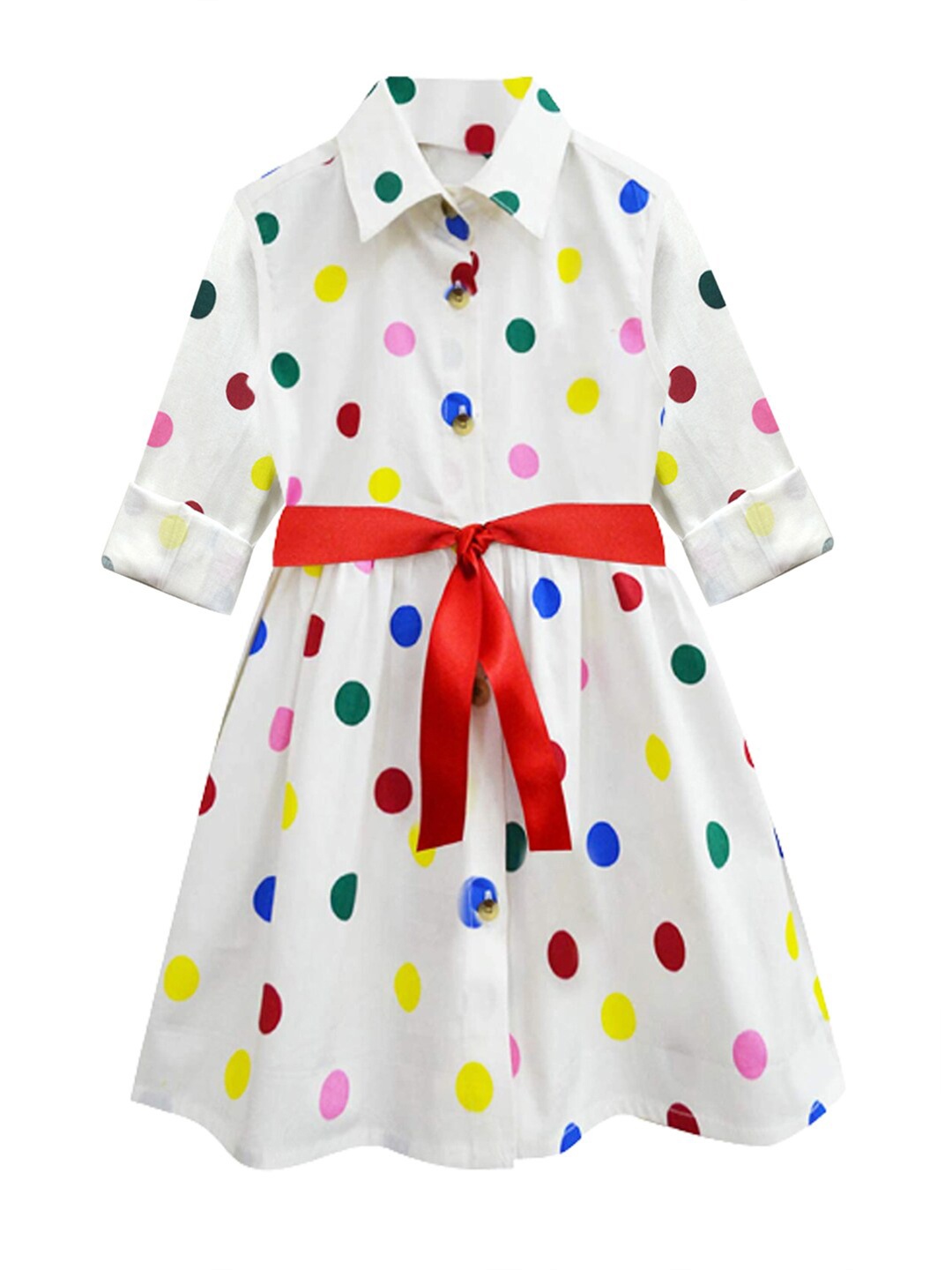 

A T U N Girls Off White Polka Dot Printed Shirt Dress