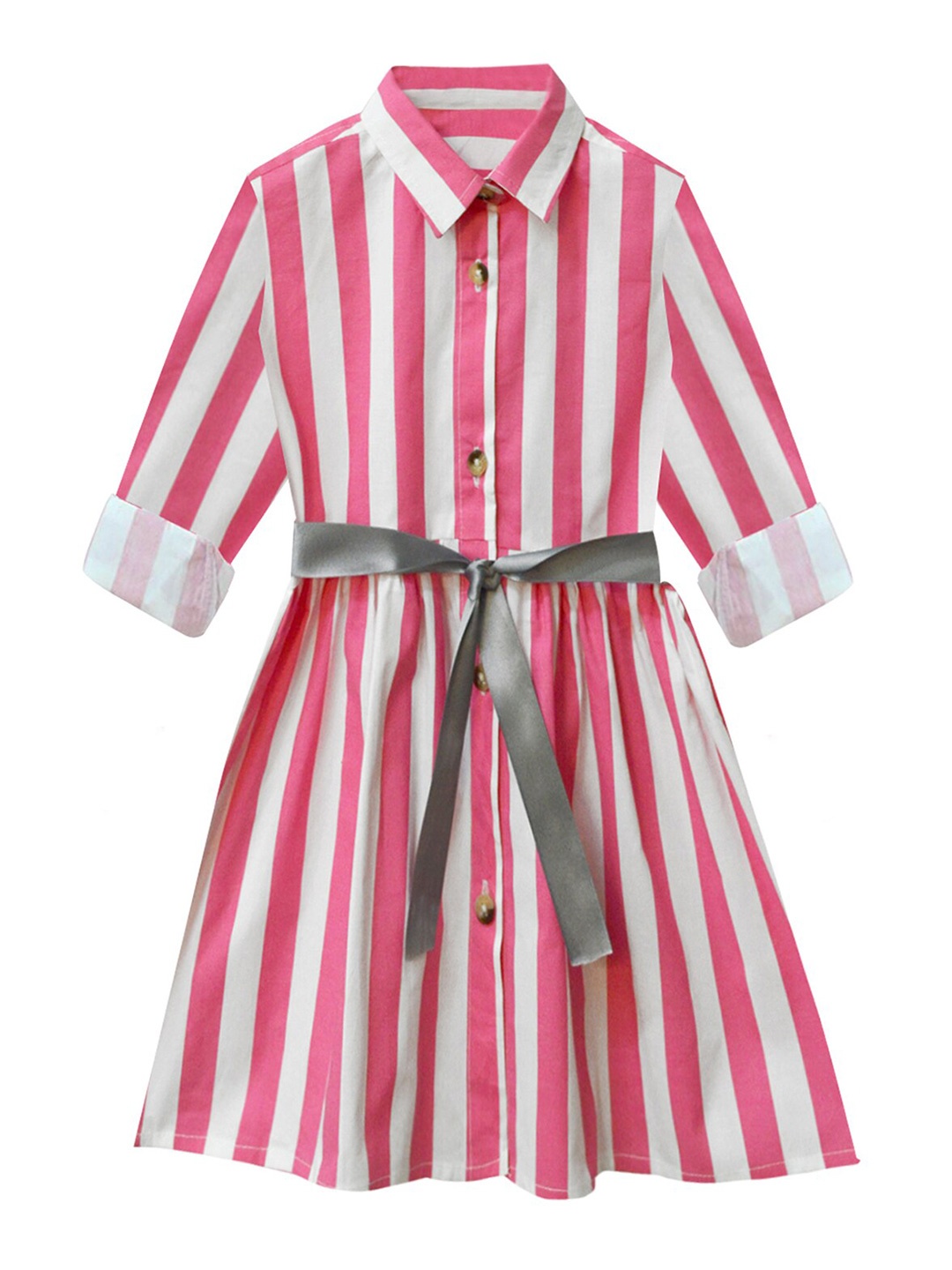 

A.T.U.N. Girls Pink & White Striped Pure Cotton Shirt Dress