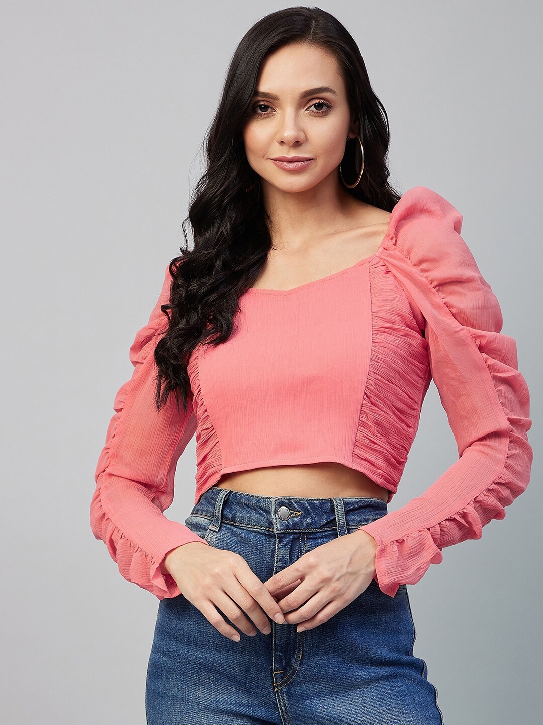 

Carlton London Peach-Coloured Chiffon Fitted Crop Top