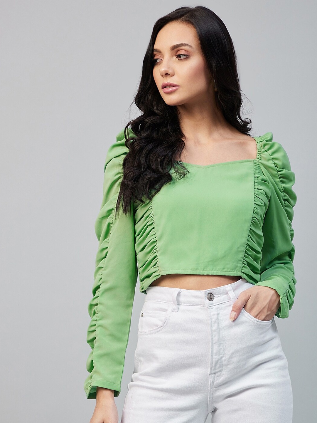 

Carlton London Women Green Georgette Gathered Crop Top