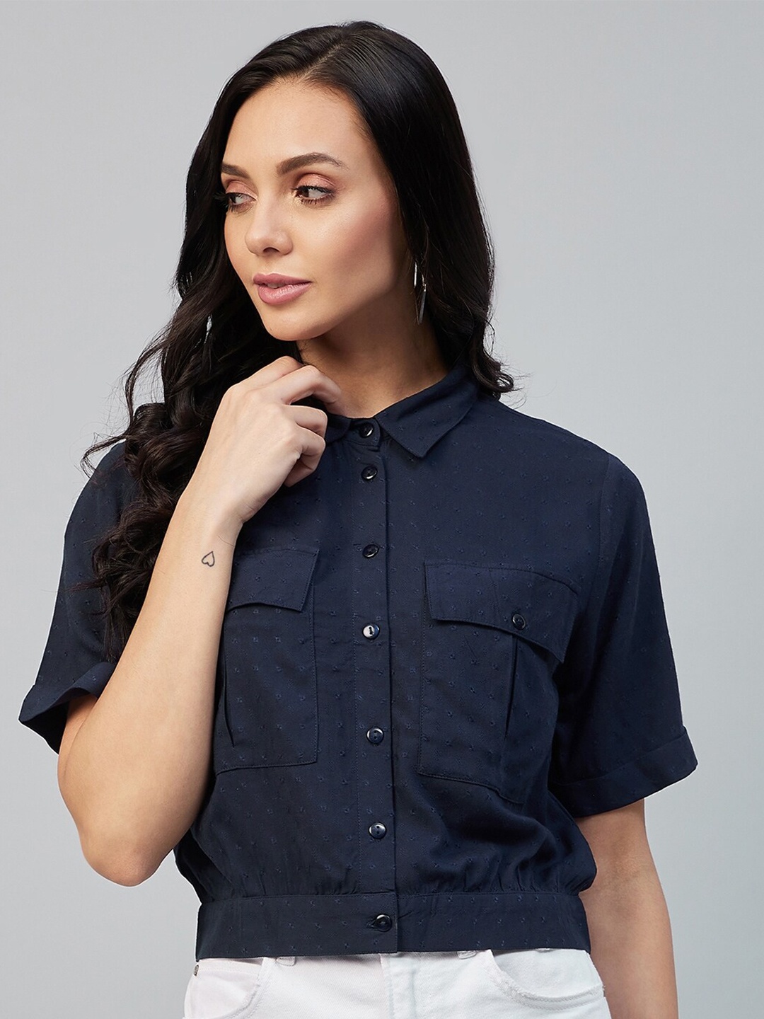 

Marie Claire Women Navy Blue Classic Opaque Casual Shirt