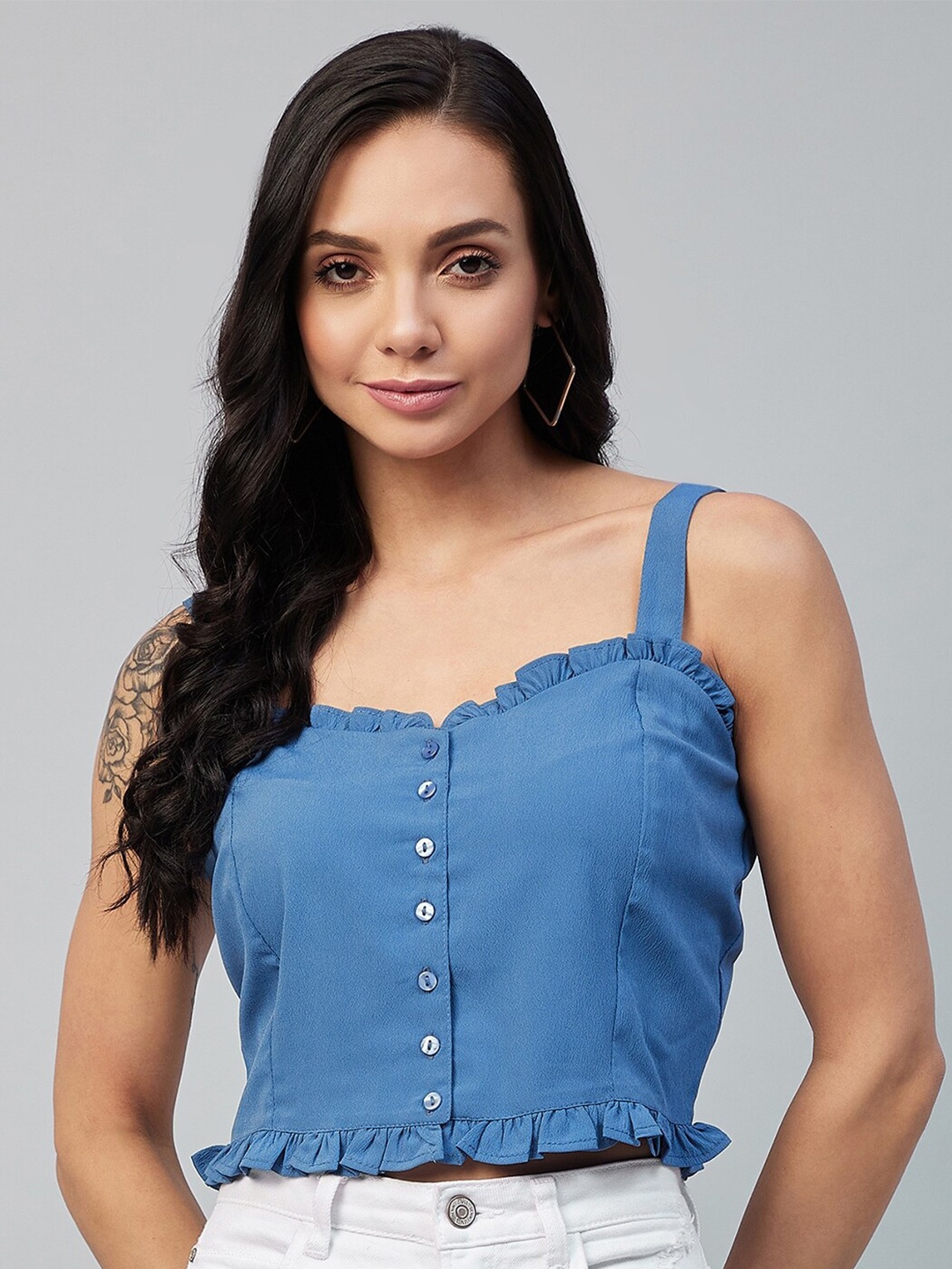 

Marie Claire Blue Ruffles Crepe Regular Crop Top