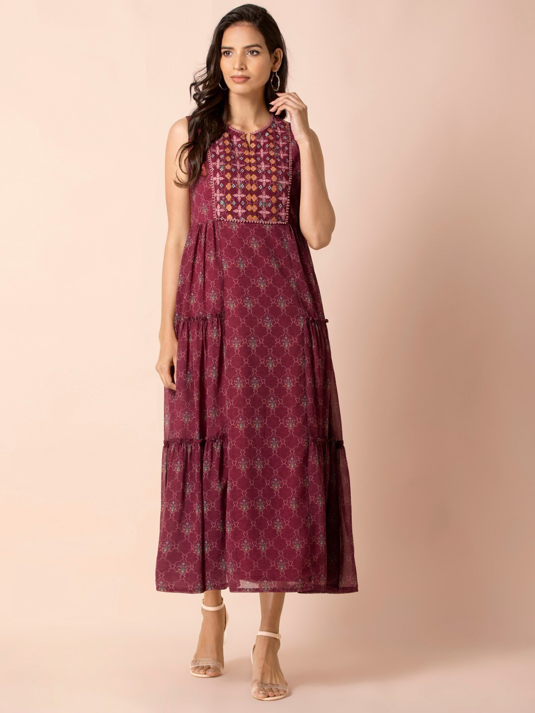 

INDYA Maroon Floral Embroidered Tiered Maxi Dress