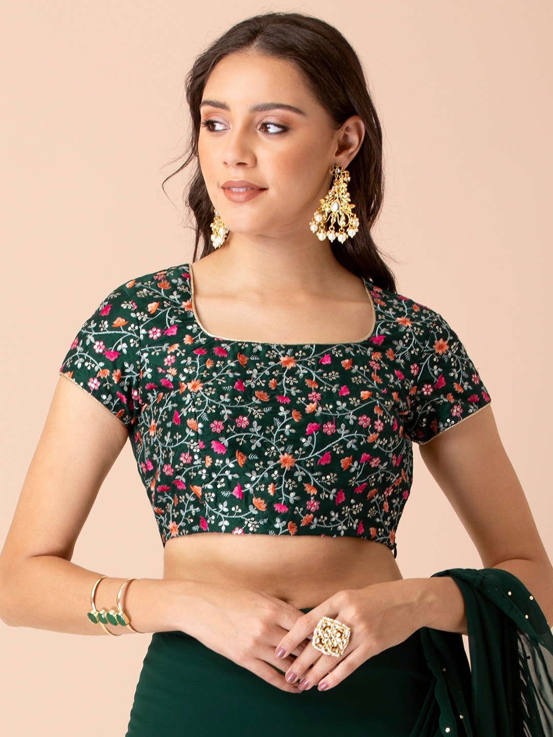 

INDYA Shraddha Kapoor Green Floral Embroidered Fitted Crop Top