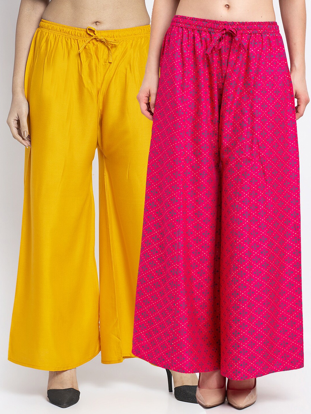 

GRACIT Women Pack Of 2 Yellow & Magenta Floral Printed Knitted Ethnic Palazzos