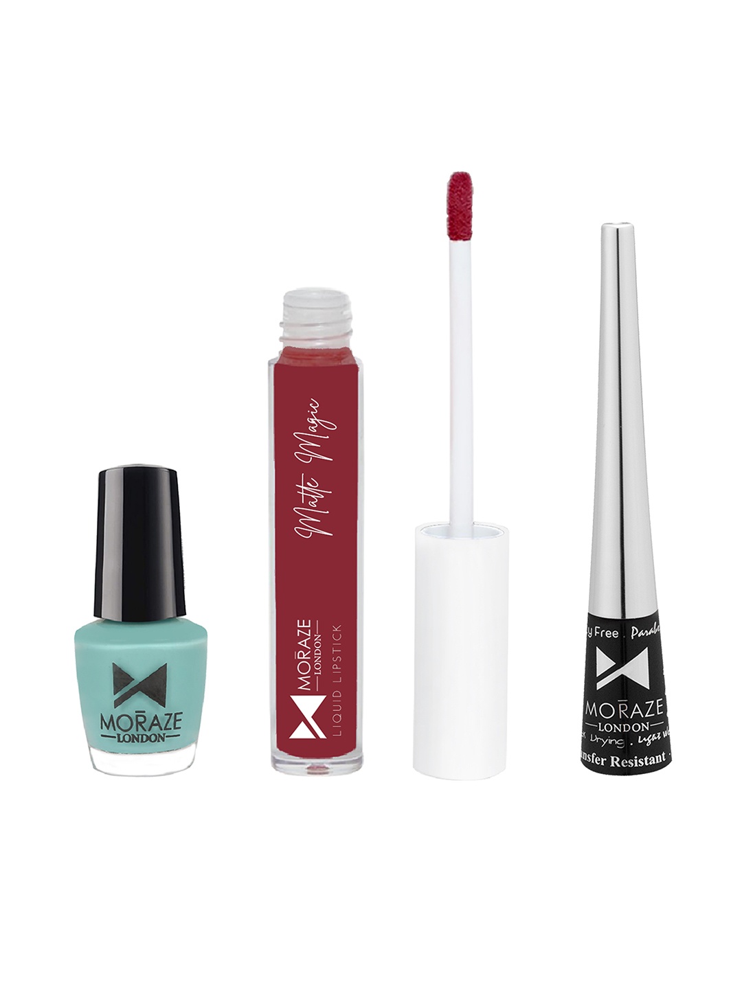 

Moraze Combo Pack of Nail Polish (Aquamarine), Eyeliner, & Liquid Lipstick (No Regret), Multi