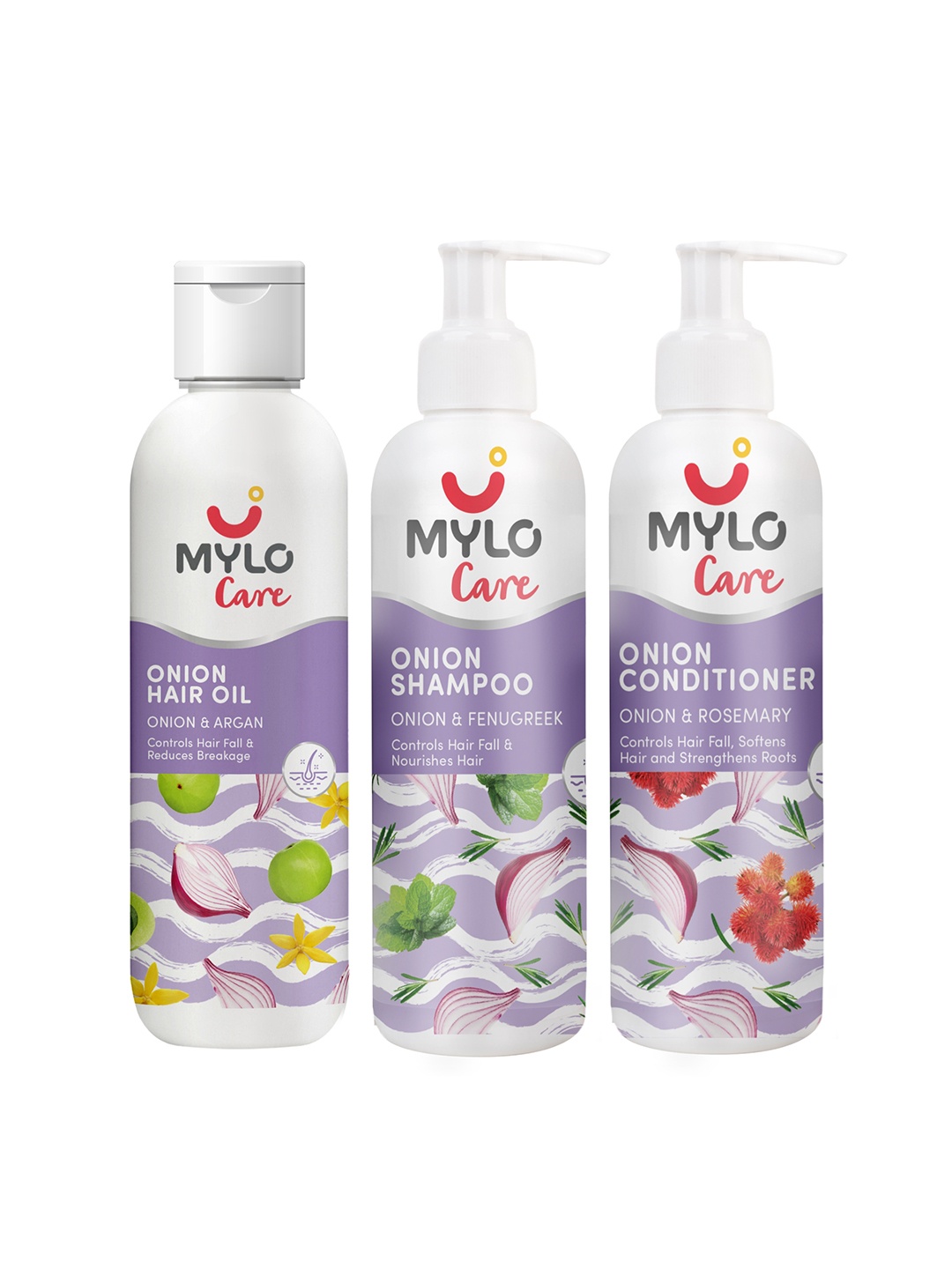 

Mylo Anti Hair Fall Onion Care Range- Shampoo, Conditioner & Oil 200ml Each, White