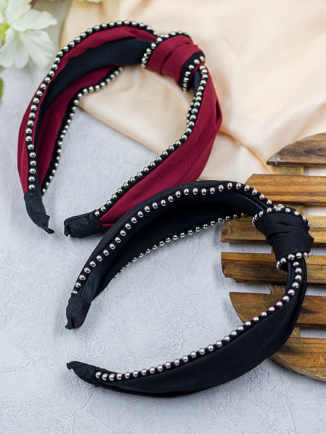 

Bellofox Women Pack Of 2 Maroon & Black Embellished Knot Headband