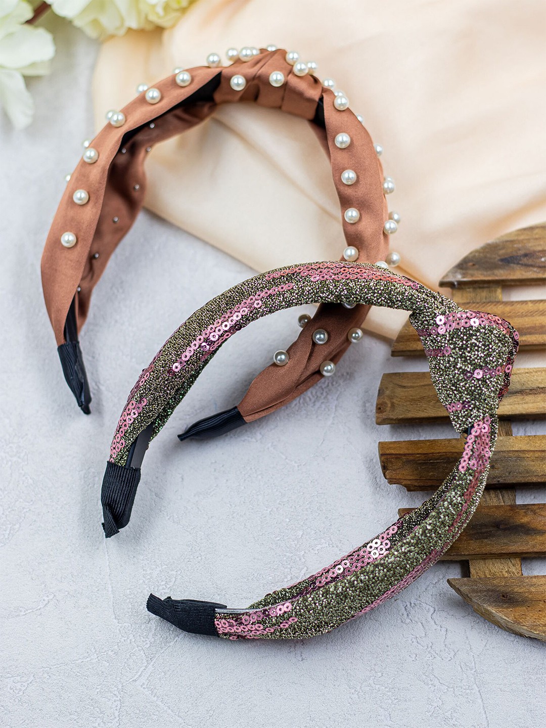 

Bellofox Women Pink & Brown Set of 2 Embellished Hairbands