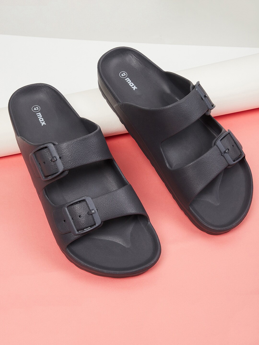 

max Men Solid Double Strap Sliders, Charcoal