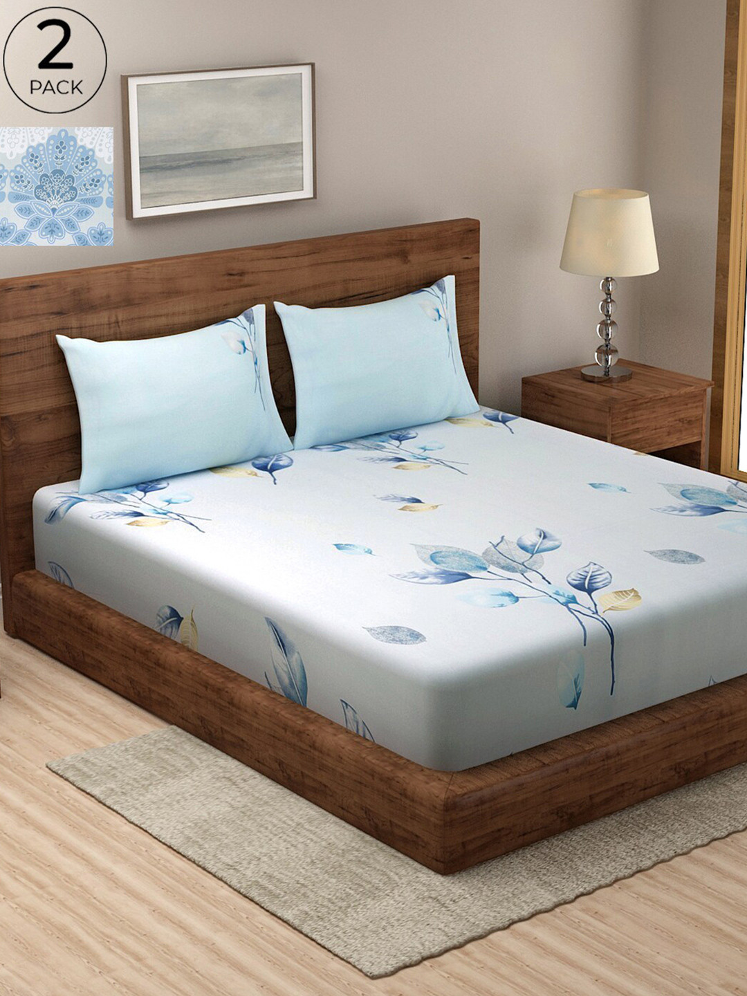 

KLOTTHE 300 TC Pure Cotton 2 Double Bedsheet with 4 Frilled Pillow Covers, Blue