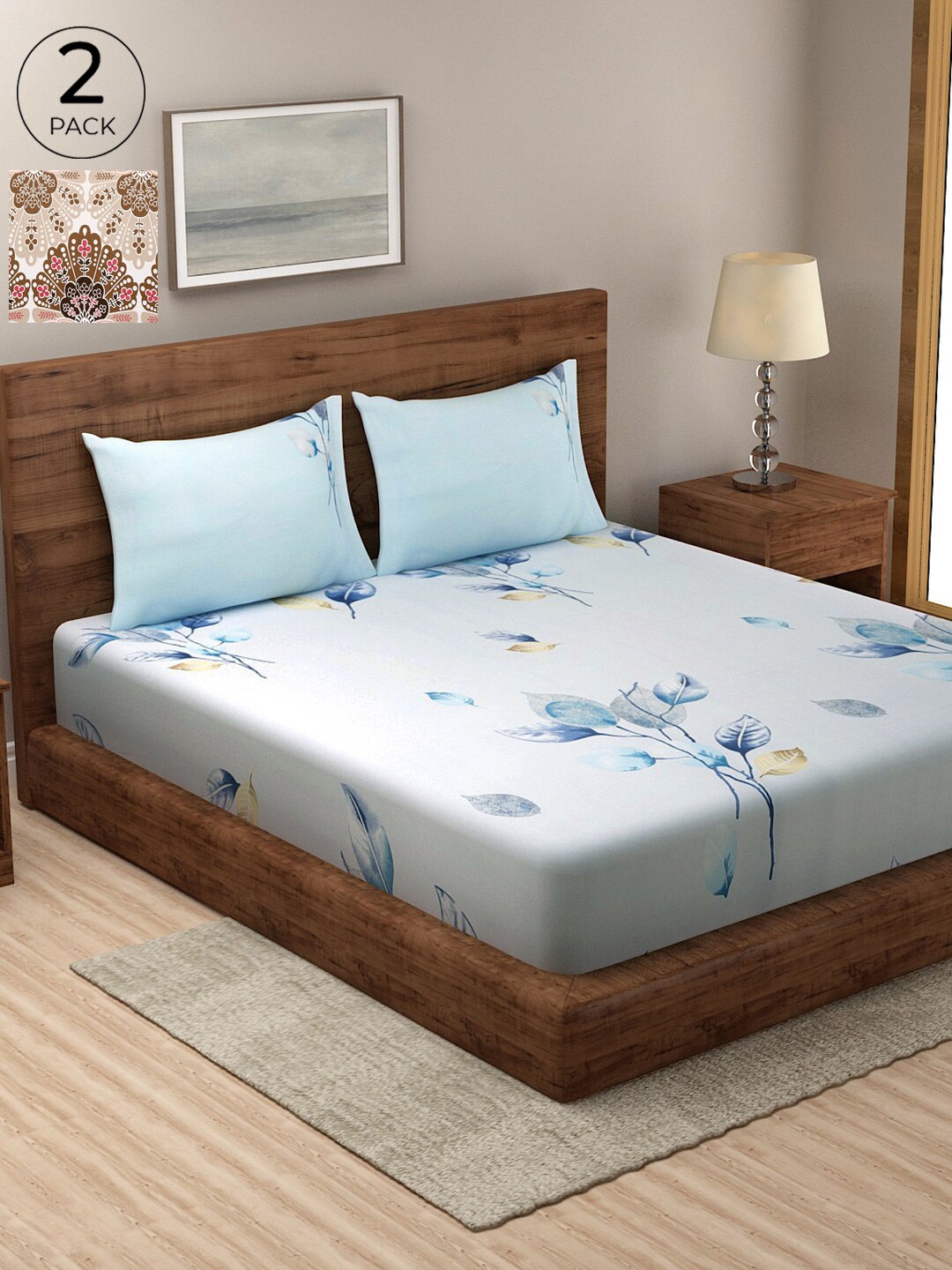 

KLOTTHE 300 TC Pure Cotton 2 Double Bedsheet with 4 Frilled Pillow Covers, Blue