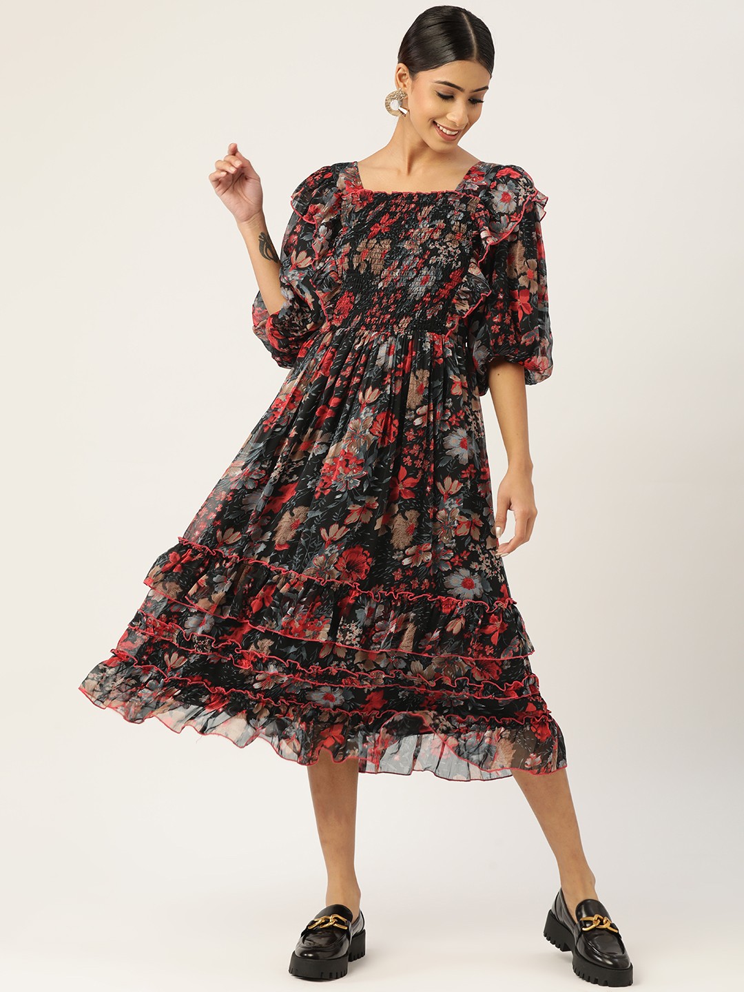 

Antheaa Women Black & Red Floral A-Line Midi Dress