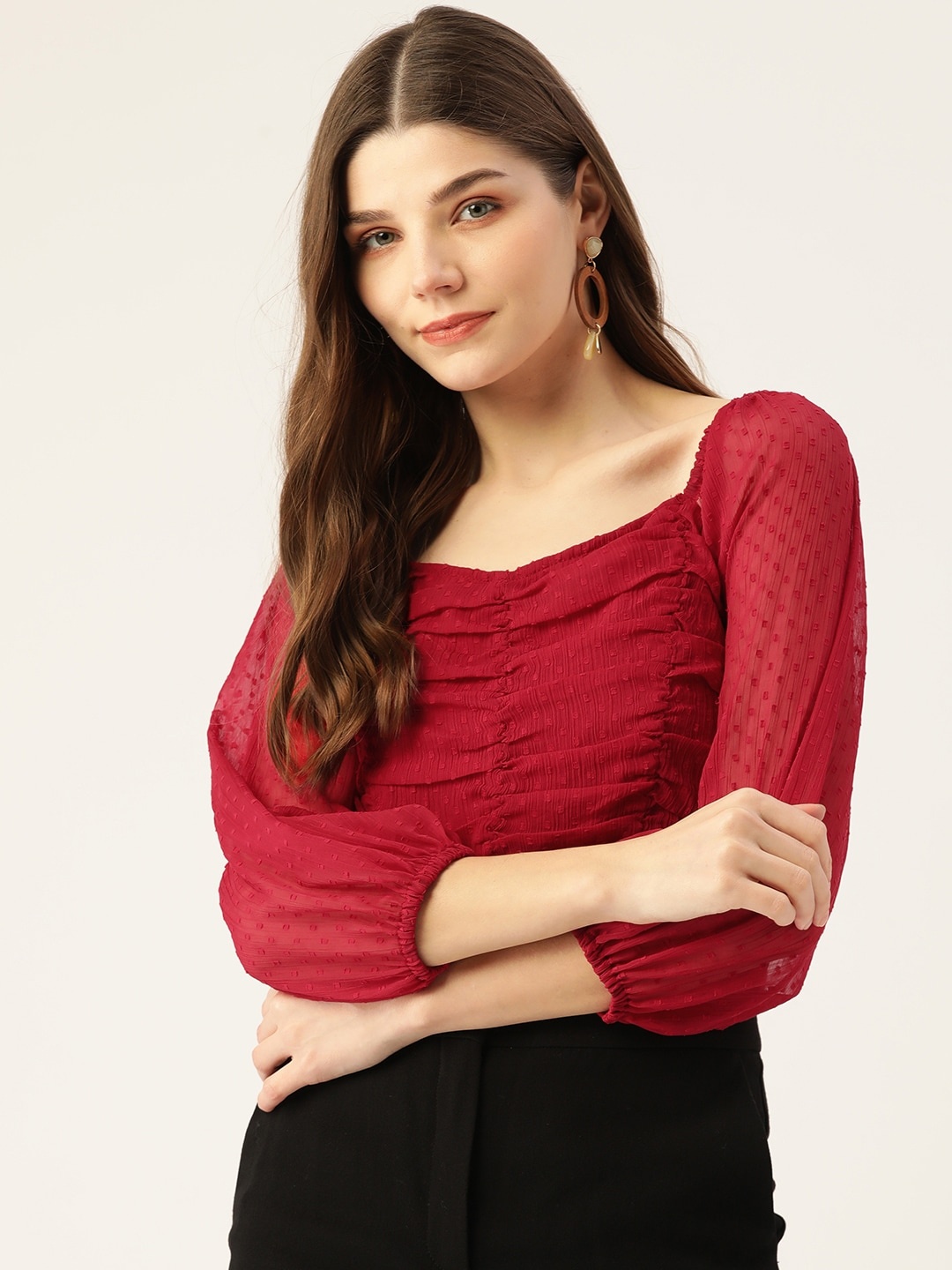 

Antheaa Red Self Design Sweetheart Neck Bishop Sleeves Smocked Ruched Net Crop Top