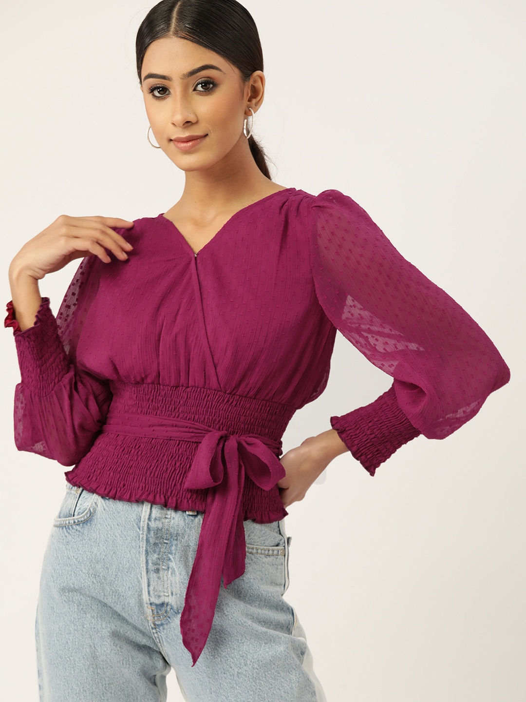 

Antheaa Women Purple Smocked Wrap Top