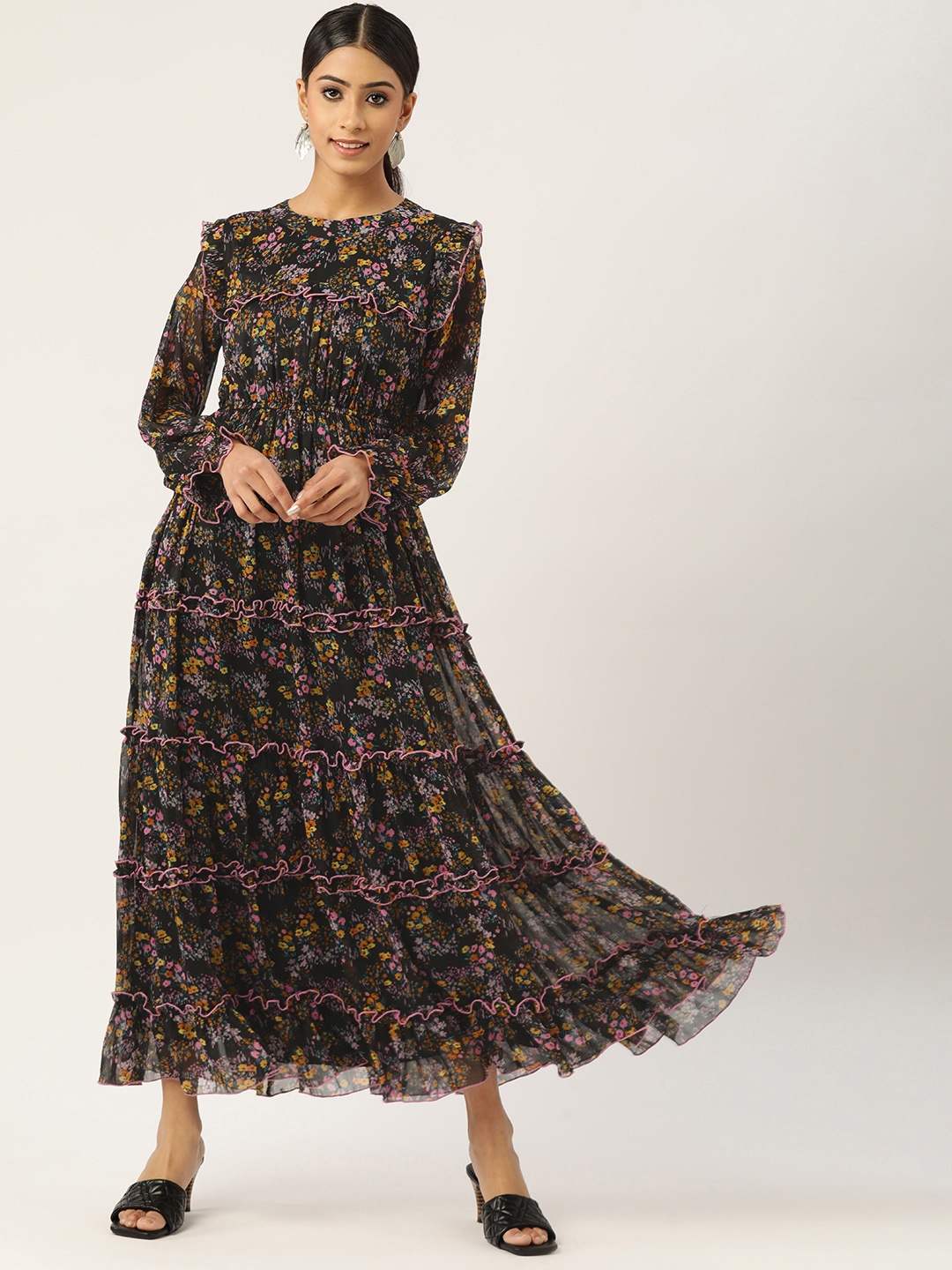 

Antheaa Women Black & Yellow Floral Tiered Maxi Dress