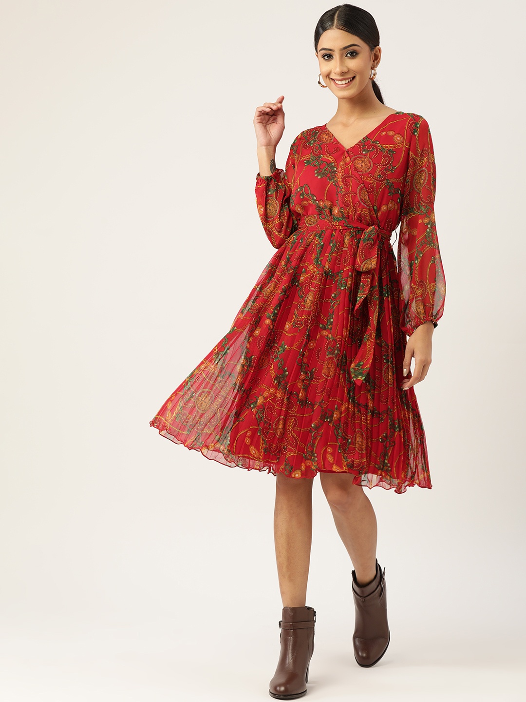 

Antheaa Women Red & Green Floral Wrap Dress