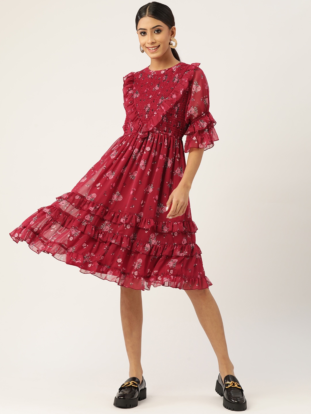 

Antheaa Women Pink & White Smocked Floral A-Line Dress