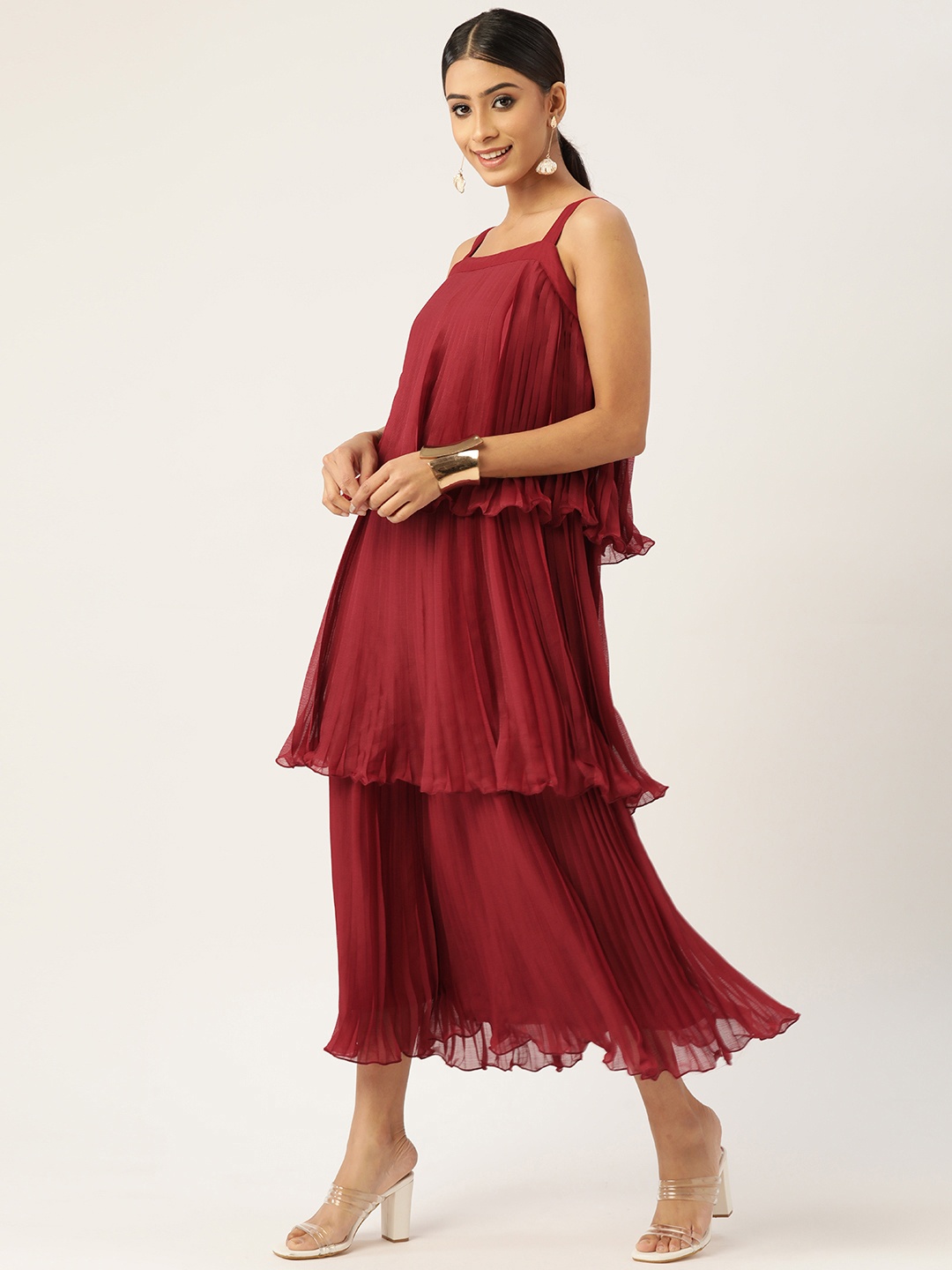 

Antheaa Women Maroon Striped A-Line Midi Dress